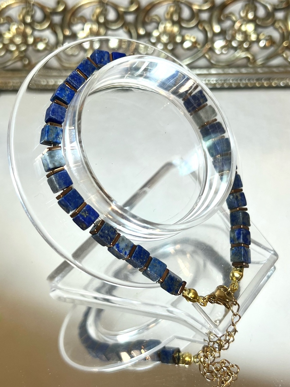 ☀️2/$20 NEW Raw Lapis Stone Bead Bracelet Gold Accents & S.Steel Golden Clasp